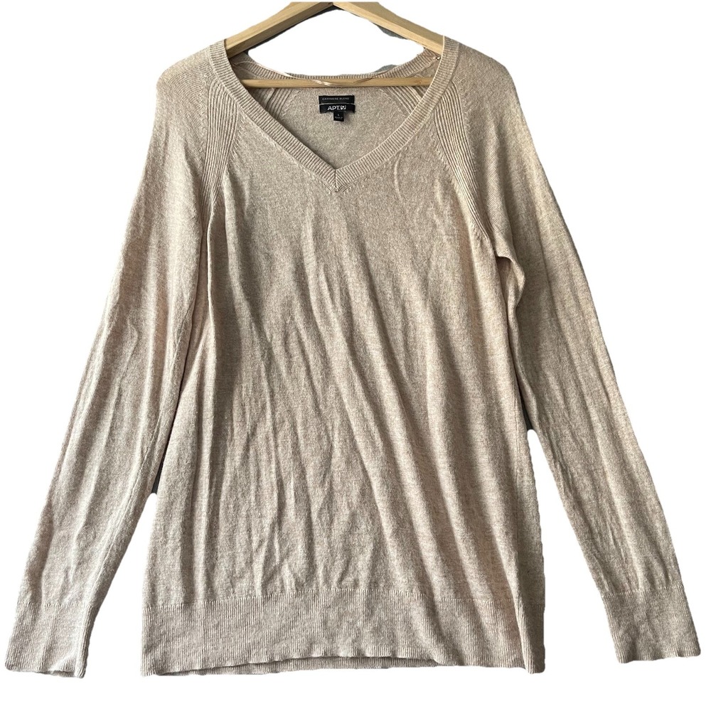 Apt 9 Women Sweater L Tan Cashmere Blend Pullover Ribbed Office Academia Neutral